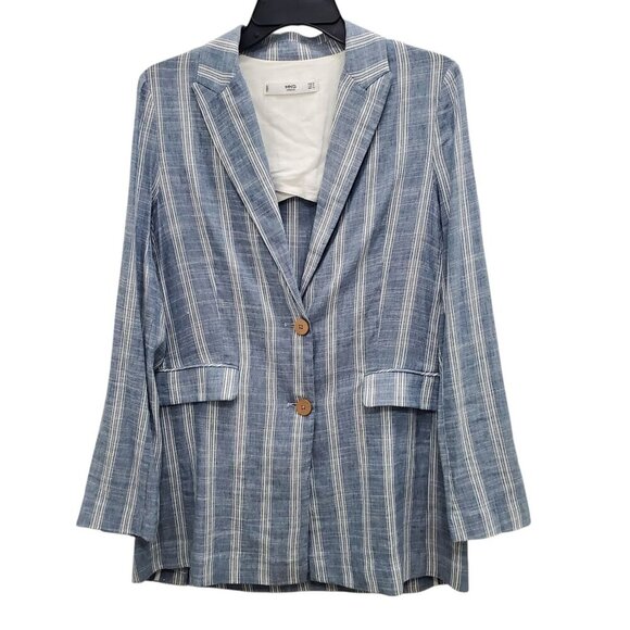 MNG Casual Women's Blue White Striped Linen Blend‎ Lightweight Long Blazer US S - Picture 1 of 8
